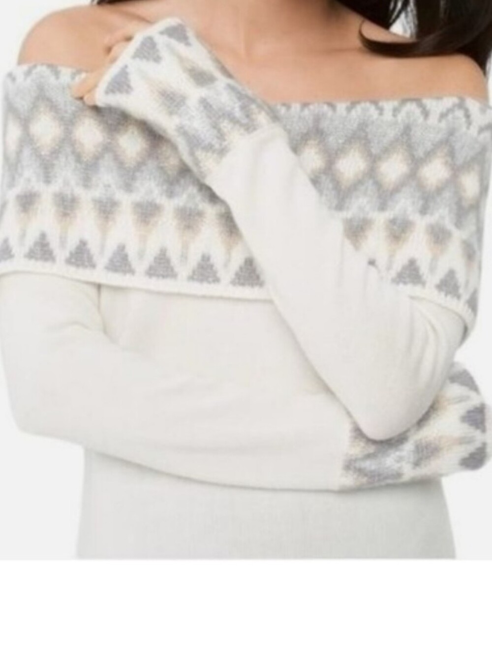 White House Black Market Cream Ecru Fair Isle Off The Shoulder Sweater S